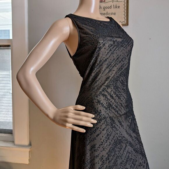 Vintage 90s LA Glo Prom Gown Black Glitter Semi Sheer Whimsygoth Dress Size M - Picture 3 of 15